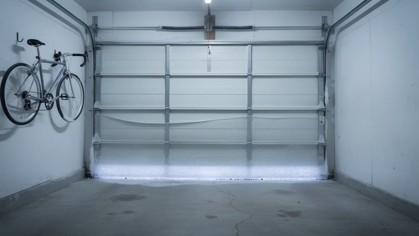 The white garage door is covered in ice and frost, with a bicycle hanging on the left wall.
