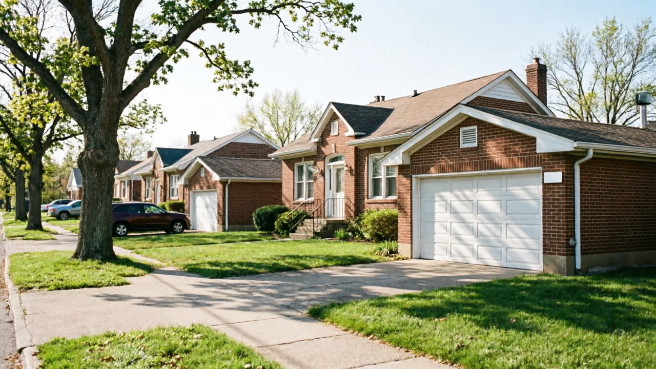 A row of brick houses with white garage doors lines a tree-lined street.