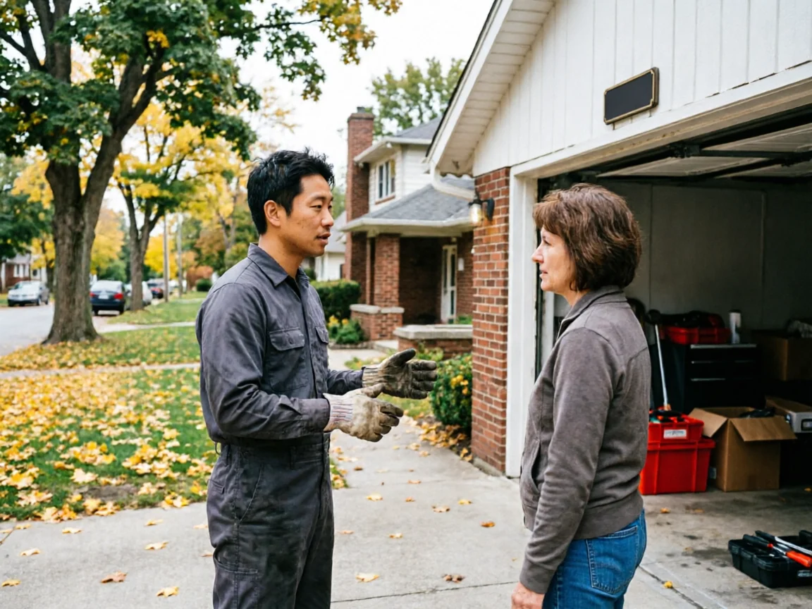 A technician in a gray jumpsuit talks to a woman in front of a garage.