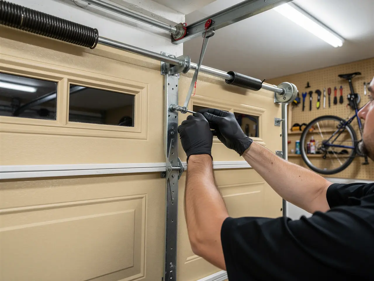 A technician wearing black gloves is adjusting a garage door spring.