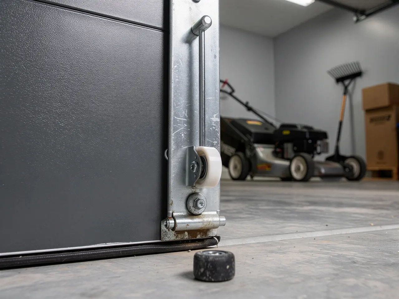A garage door roller is detached from the track, with a broken wheel on the floor.