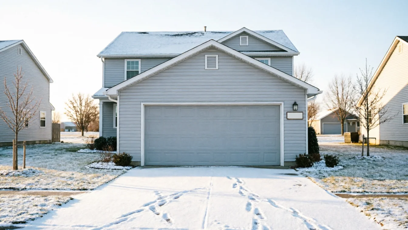 A light gray house with a two-car garage and a snow-covered driveway.