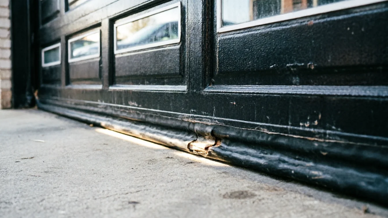 The bottom of a black garage door is bent and damaged.