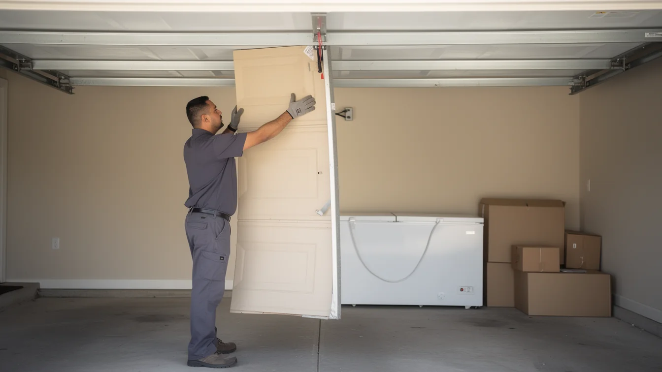 A technician installs a garage door panel in a garage with a freezer and boxes.